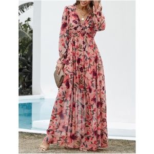 Boho Floral Print V neck Tiered Maxi Dress
